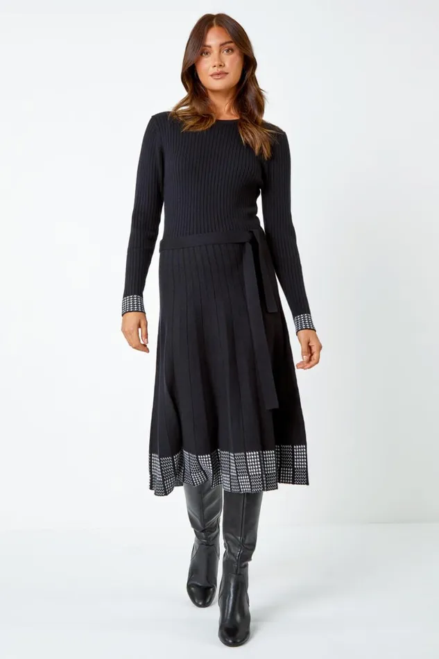 Women Black Ribbed Stretch Knit Border Print Dress Roman Dresses