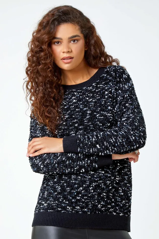 Women Black Rich Chenille Jumper Roman Knitwear