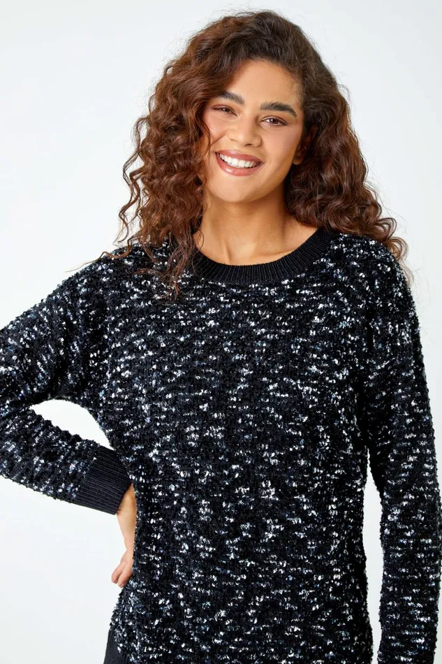 Women Black Rich Chenille Jumper Roman Knitwear