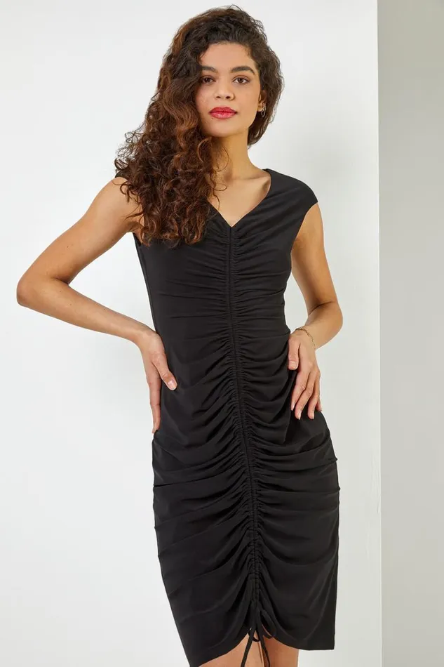 Women Black Ruched Front Jersey Dress Roman Dresses