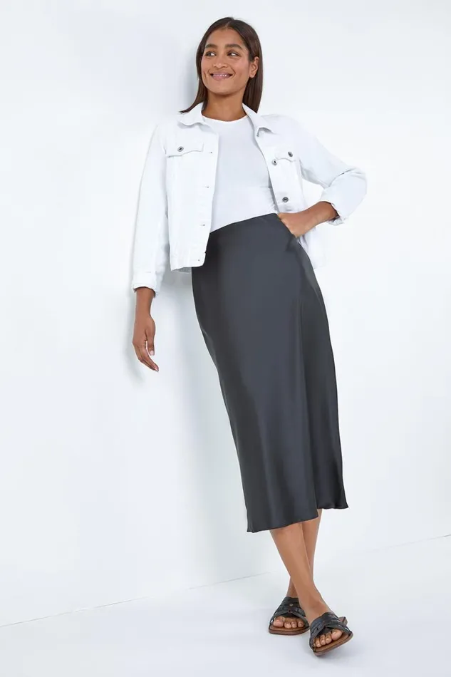 Women Black Satin Bias Cut Elastic Waist Midi Skirt Roman Skirts