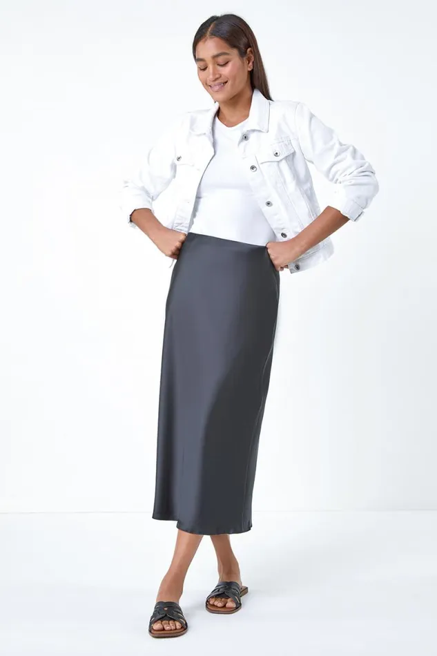 Women Black Satin Bias Cut Elastic Waist Midi Skirt Roman Skirts