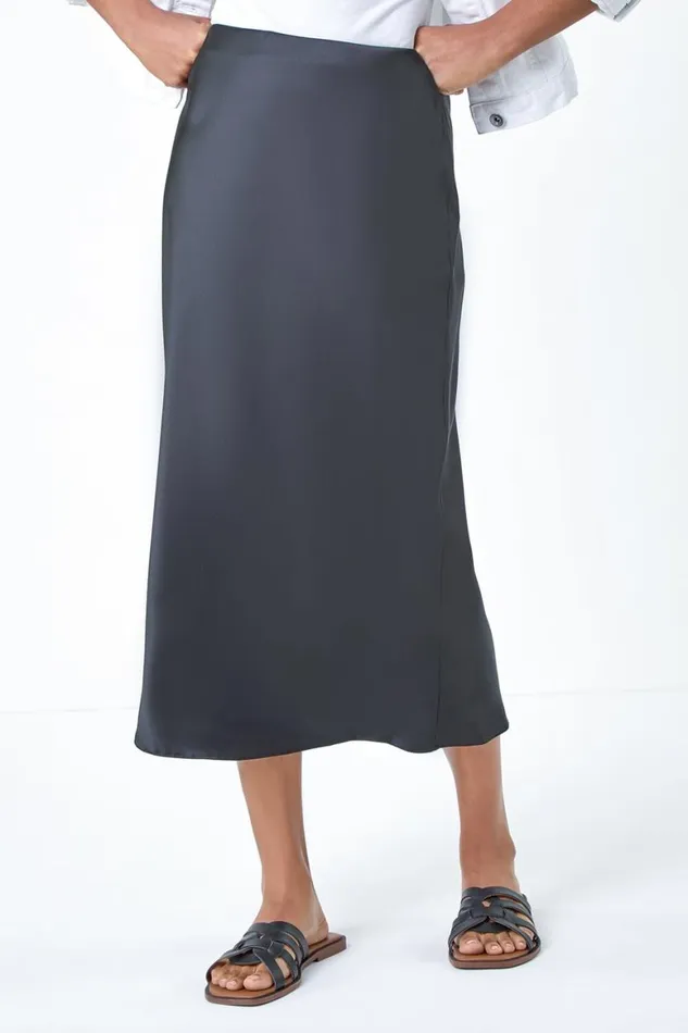 Women Black Satin Bias Cut Elastic Waist Midi Skirt Roman Skirts