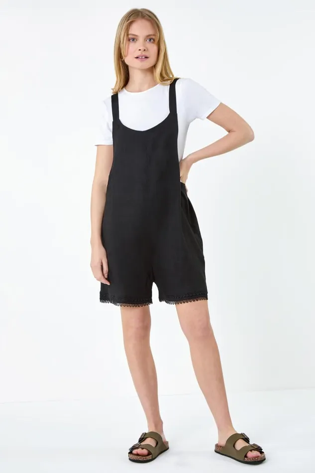 Women Black Scallop Lace Trim Pocket Playsuit Roman Dresses
