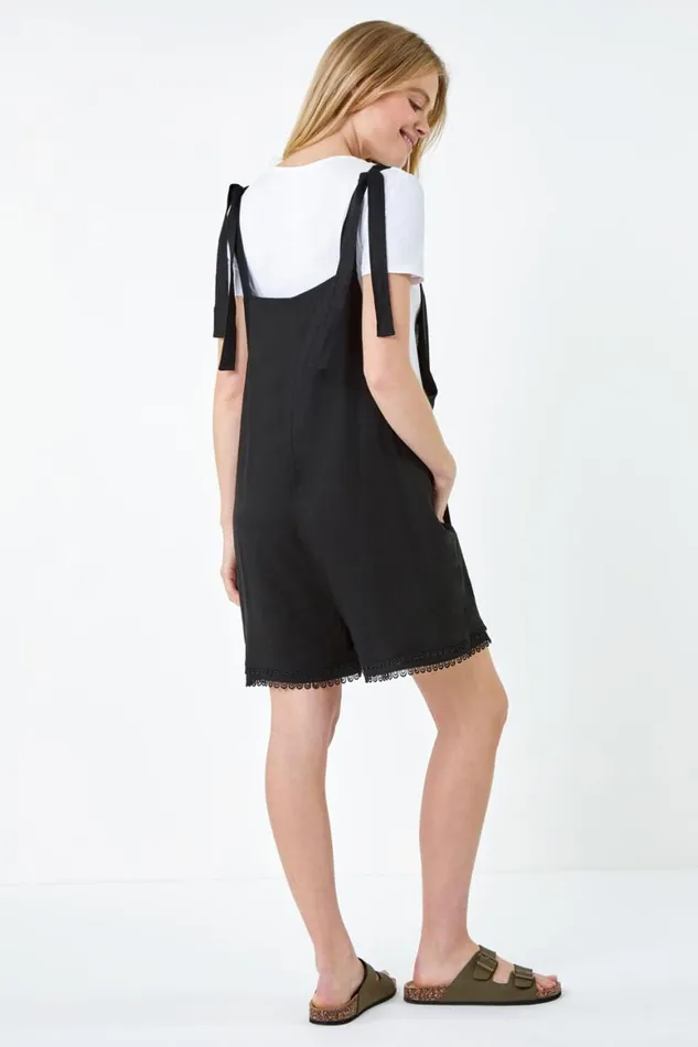 Women Black Scallop Lace Trim Pocket Playsuit Roman Dresses