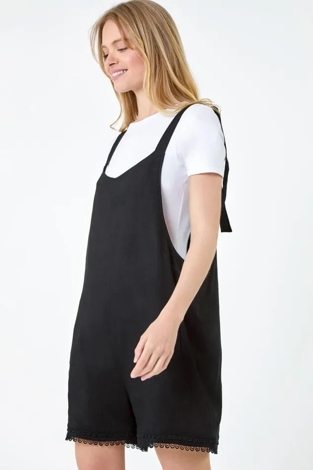 Women Black Scallop Lace Trim Pocket Playsuit Roman Dresses