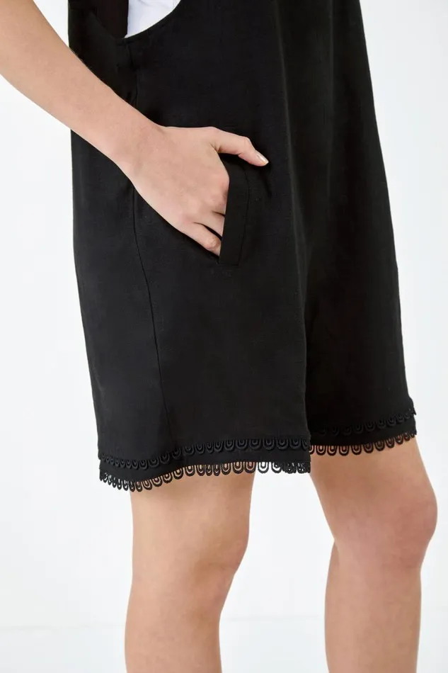 Women Black Scallop Lace Trim Pocket Playsuit Roman Dresses