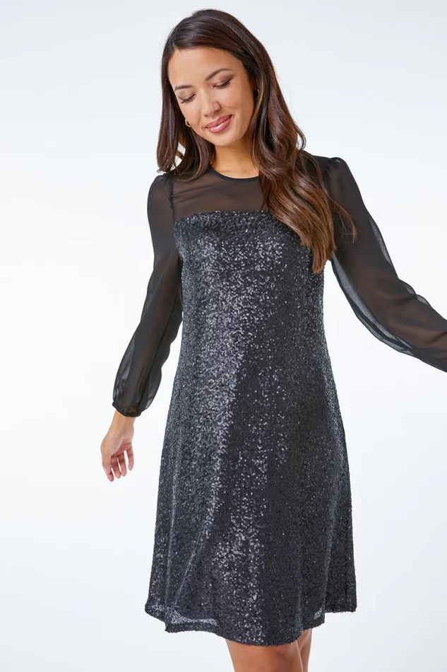 Women Black Sequin Chiffon Sleeve Shift Dress Roman Dresses
