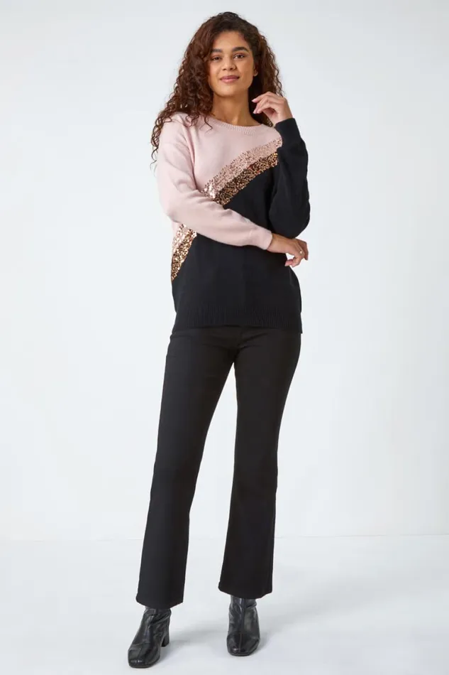 Women Black Sequin Embellished Colourblock Jumper Roman Knitwear