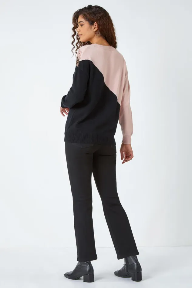 Women Black Sequin Embellished Colourblock Jumper Roman Knitwear