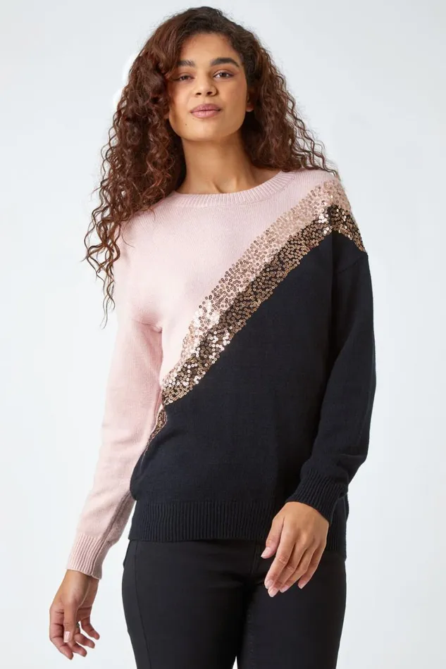 Women Black Sequin Embellished Colourblock Jumper Roman Knitwear