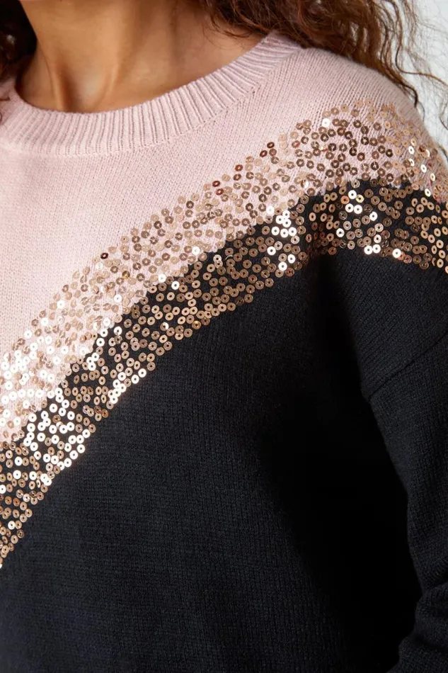 Women Black Sequin Embellished Colourblock Jumper Roman Knitwear