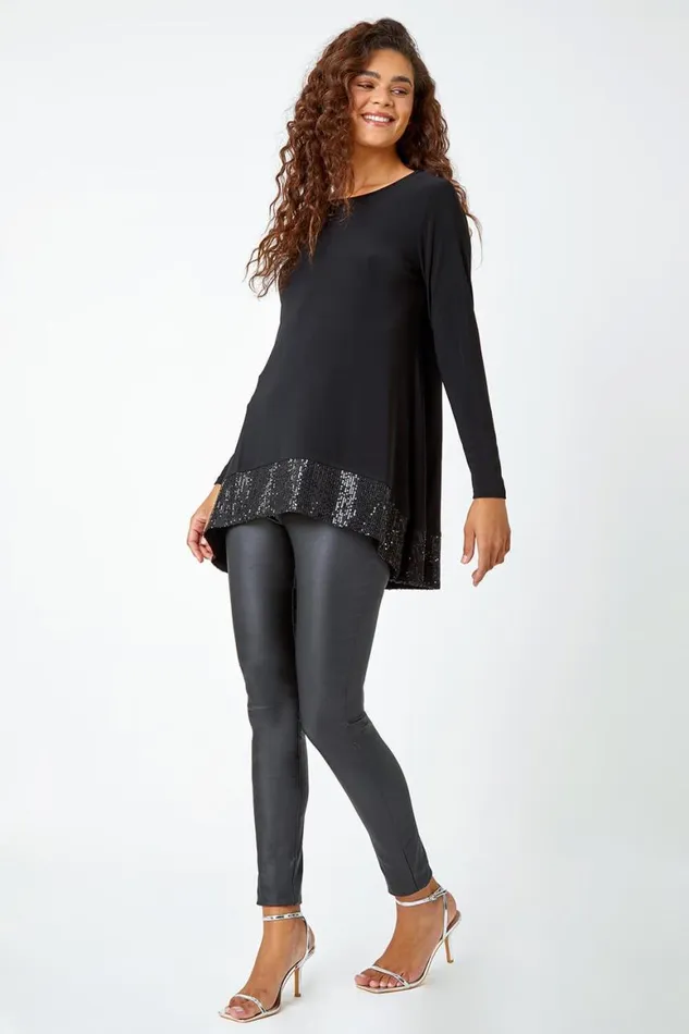 Women Black Sequin Hem Stretch Tunic Top Roman Tops