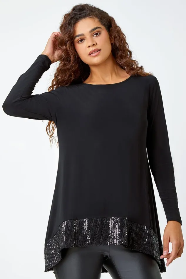 Women Black Sequin Hem Stretch Tunic Top Roman Tops