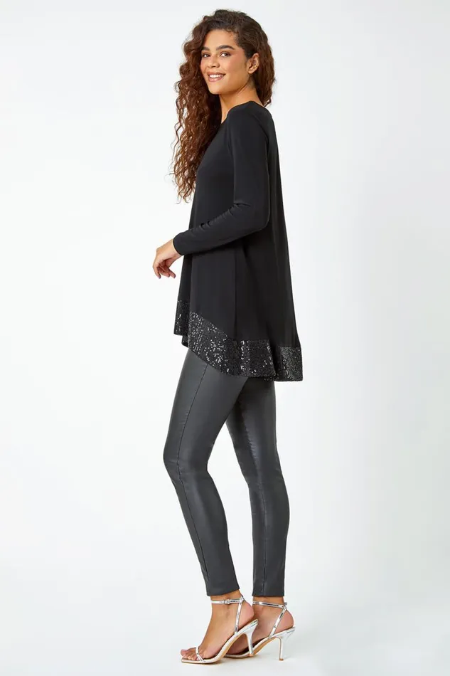Women Black Sequin Hem Stretch Tunic Top Roman Tops
