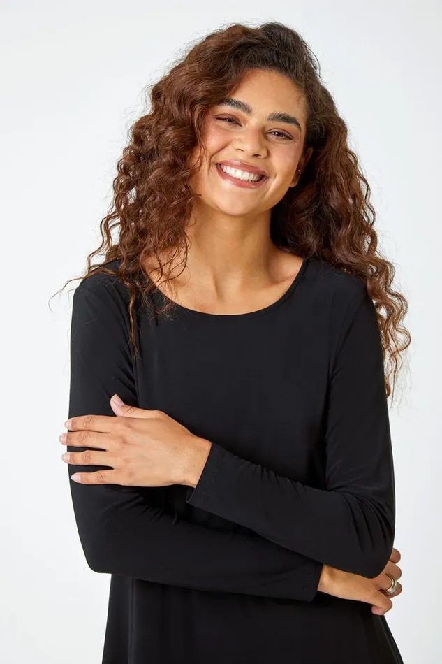 Women Black Sequin Hem Stretch Tunic Top Roman Tops