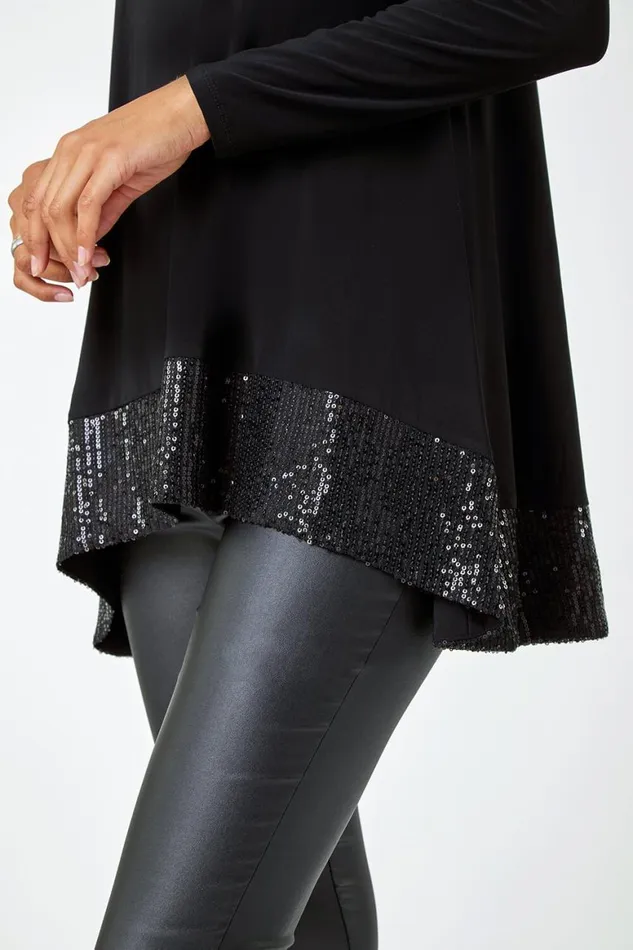 Women Black Sequin Hem Stretch Tunic Top Roman Tops