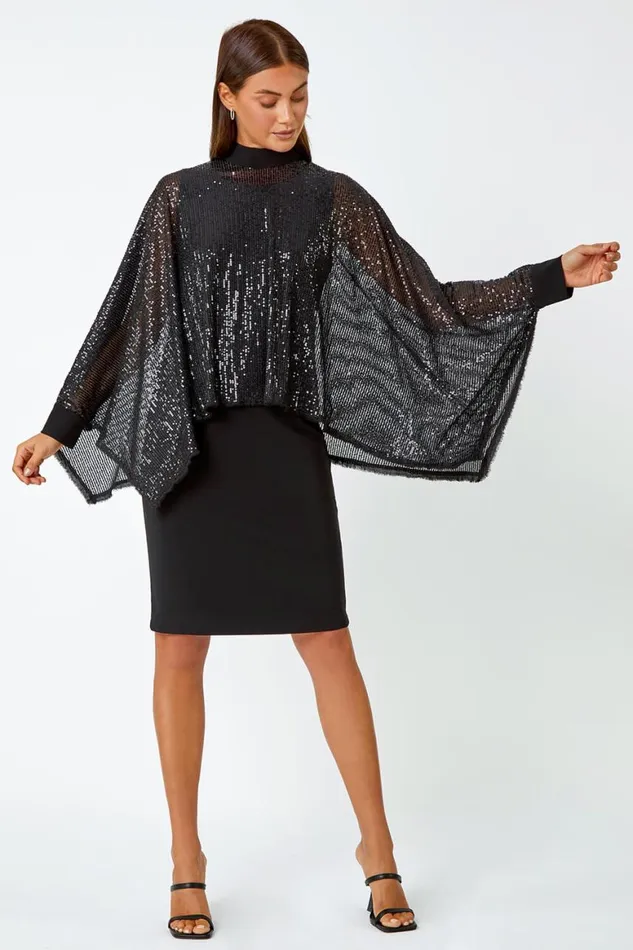 Women Black Sequin Overlay Stretch Bodycon Dress Roman Dresses