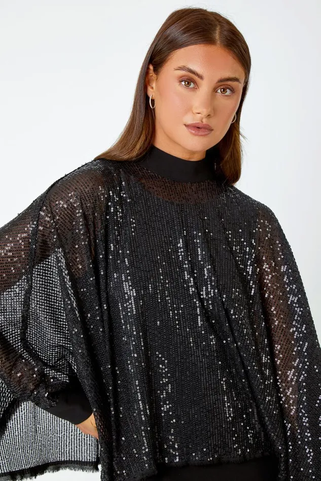 Women Black Sequin Overlay Stretch Bodycon Dress Roman Dresses
