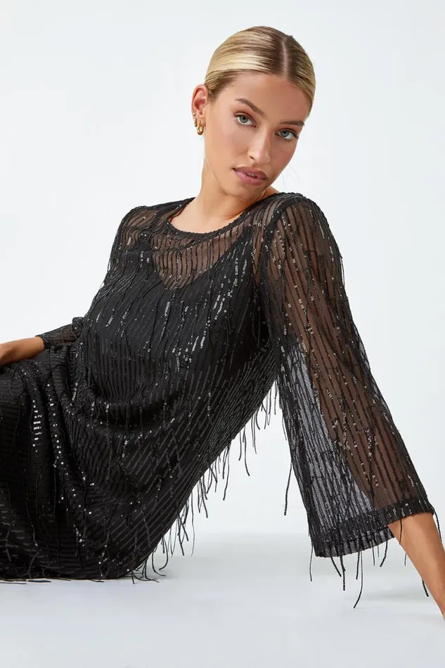 Women Black Sequin Sparkle Tassel Shift Dress Roman Dresses