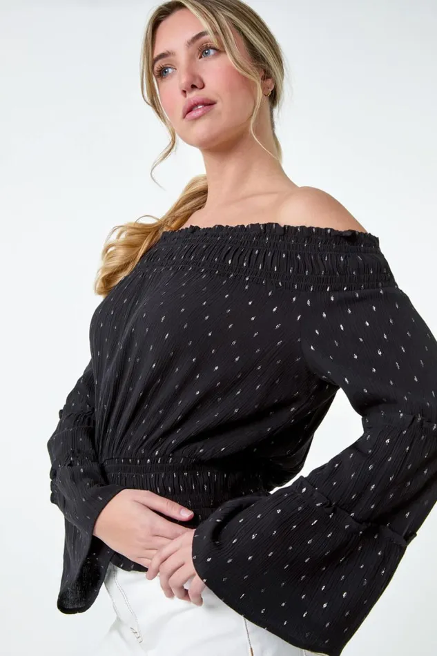 Women Black Shimmer Foil Textured Bardot Top Roman Tops