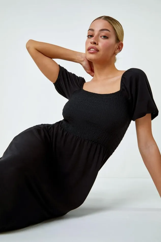 Women Black Shirred Frill Hem Stretch Dress Roman Dresses