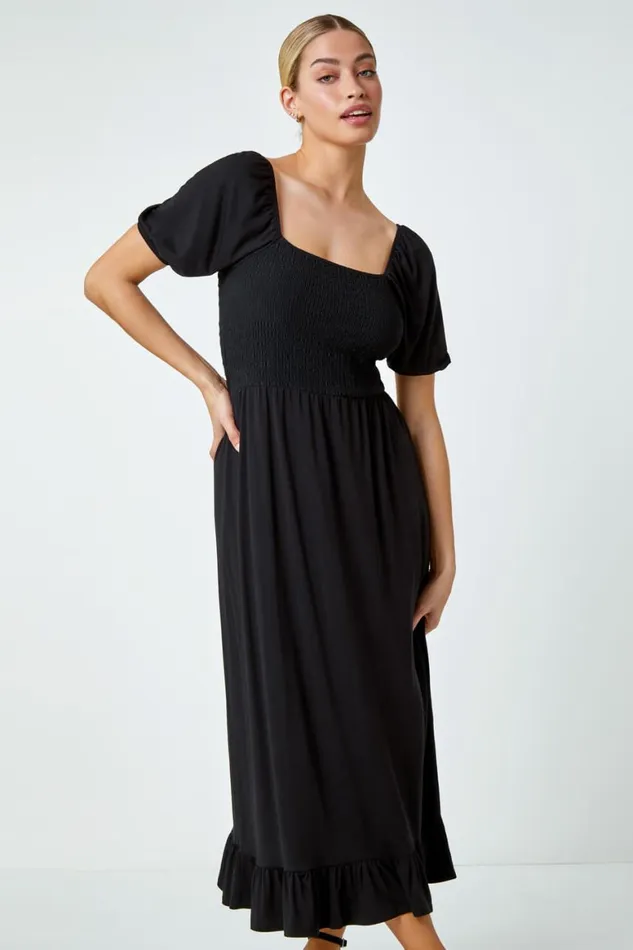 Women Black Shirred Frill Hem Stretch Dress Roman Dresses