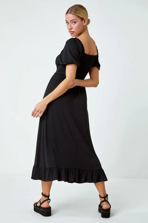 Women Black Shirred Frill Hem Stretch Dress Roman Dresses