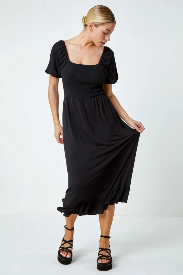 Women Black Shirred Frill Hem Stretch Dress Roman Dresses