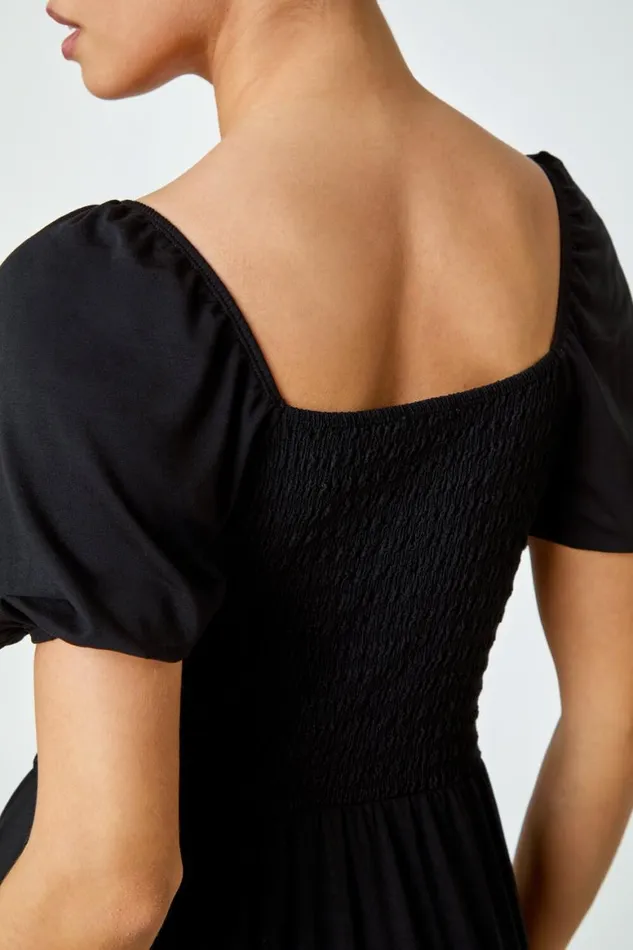 Women Black Shirred Frill Hem Stretch Dress Roman Dresses