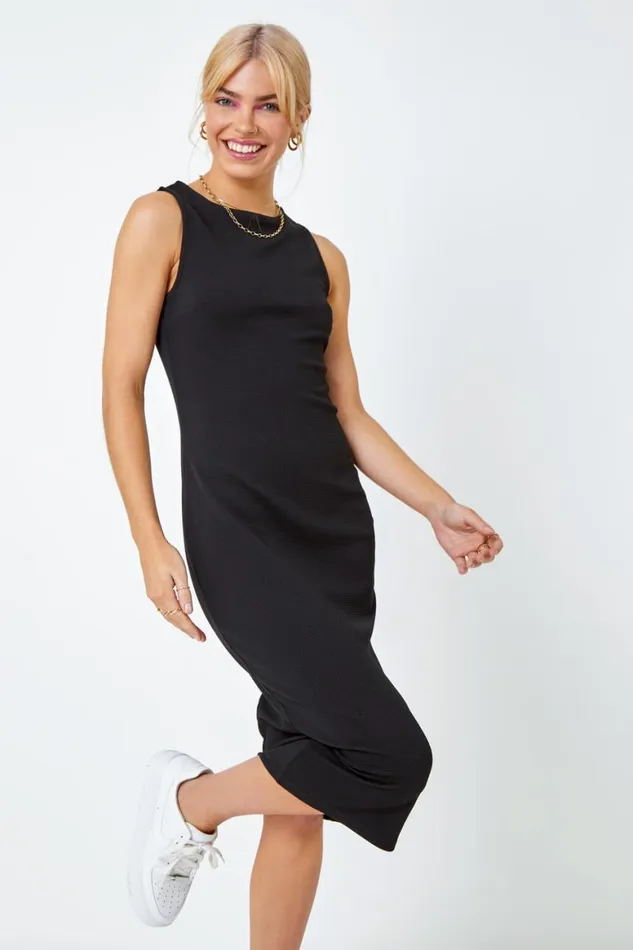 Women Black Sleeveless Midi Stretch Dress Roman Dresses