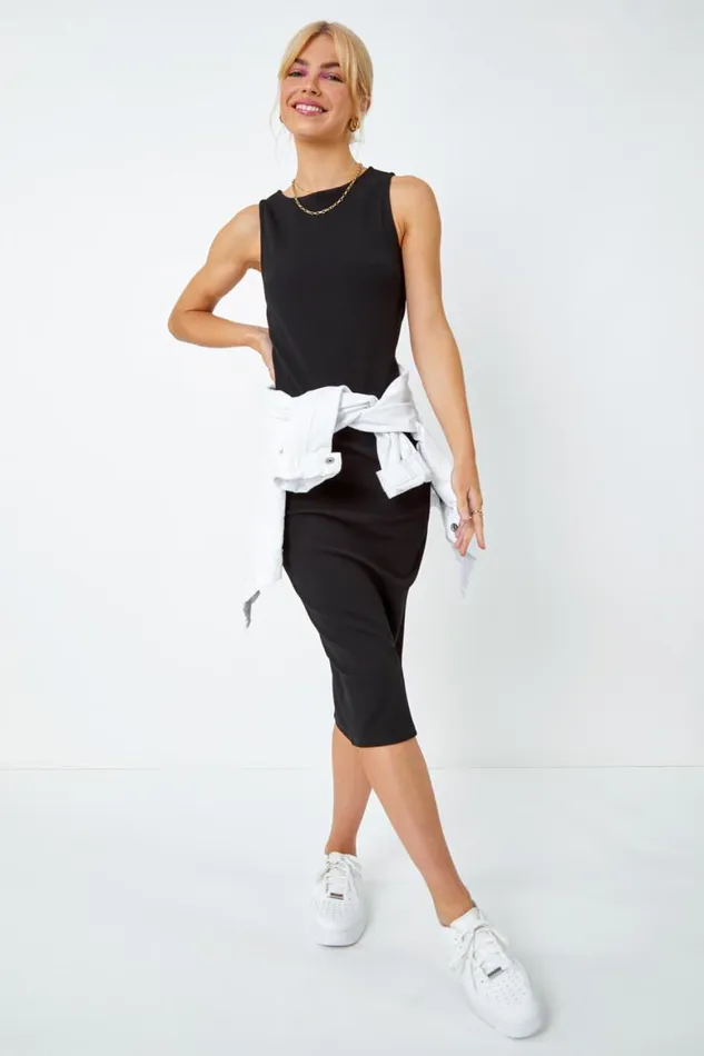 Women Black Sleeveless Midi Stretch Dress Roman Dresses