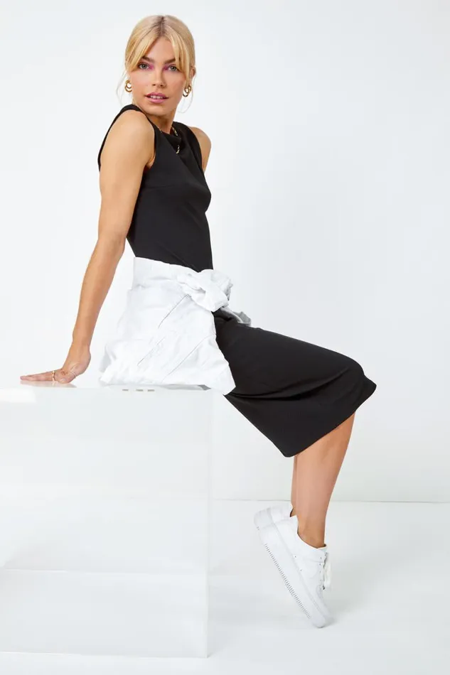 Women Black Sleeveless Midi Stretch Dress Roman Dresses