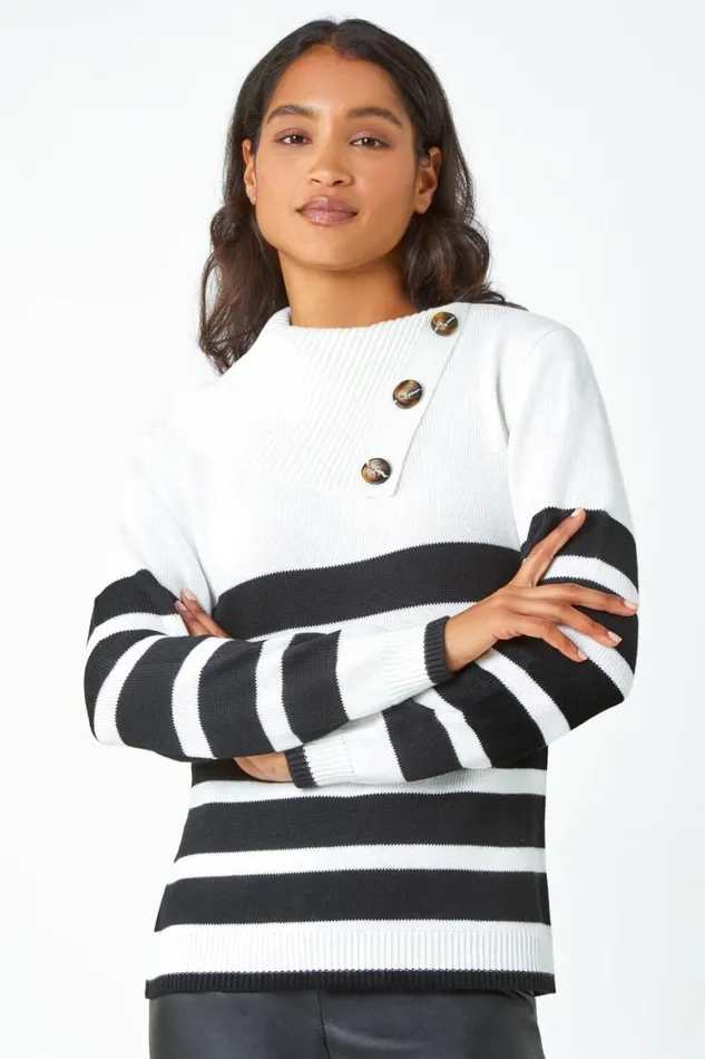 Women Black Split Neck Striped Button Jumper Roman Knitwear