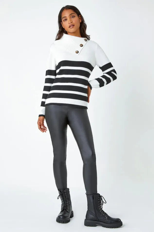 Women Black Split Neck Striped Button Jumper Roman Knitwear