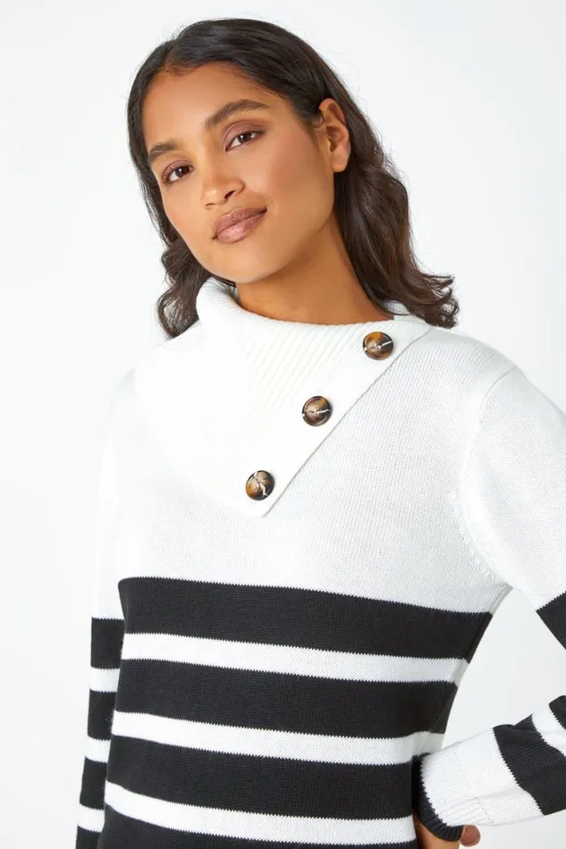 Women Black Split Neck Striped Button Jumper Roman Knitwear