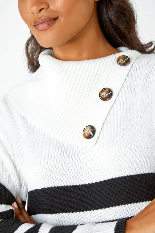 Women Black Split Neck Striped Button Jumper Roman Knitwear