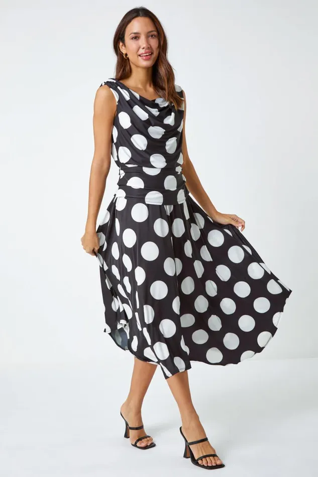 Women Black Spot Print Cowl Neck Ruched Midi Dress Roman Dresses