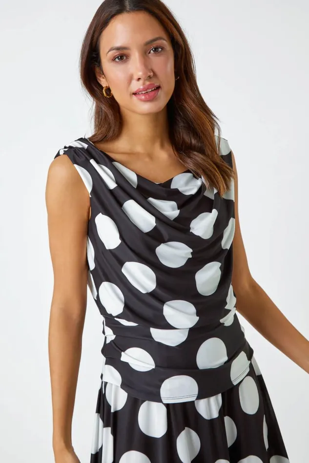 Women Black Spot Print Cowl Neck Ruched Midi Dress Roman Dresses