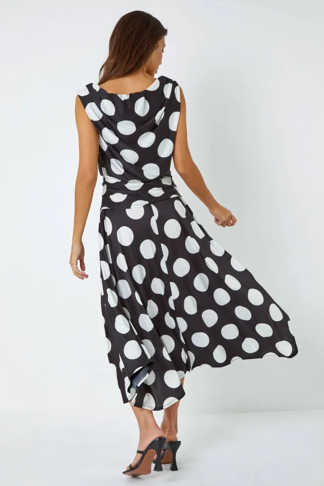 Women Black Spot Print Cowl Neck Ruched Midi Dress Roman Dresses