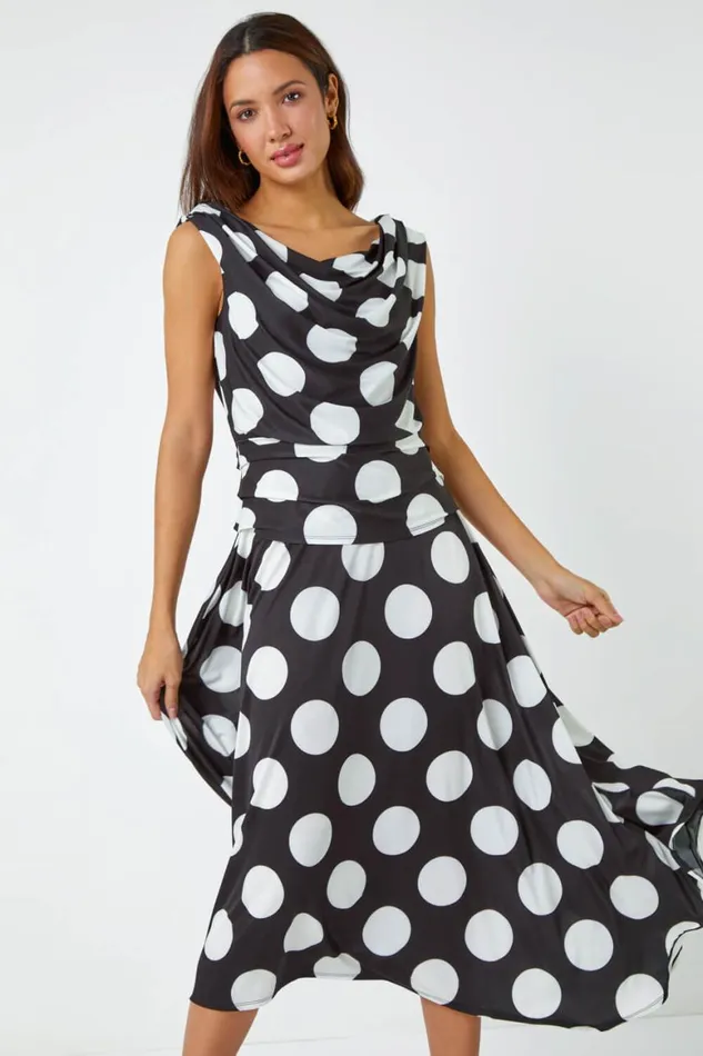 Women Black Spot Print Cowl Neck Ruched Midi Dress Roman Dresses