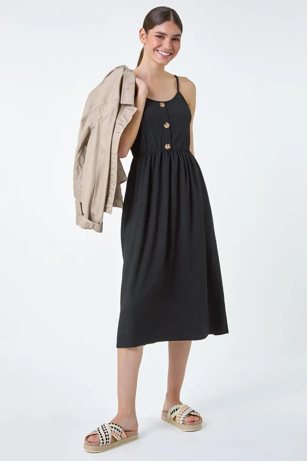 Women Black Stretch Jersey Button Midi Dress Roman Dresses