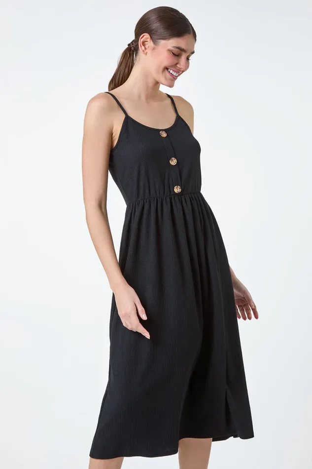 Women Black Stretch Jersey Button Midi Dress Roman Dresses