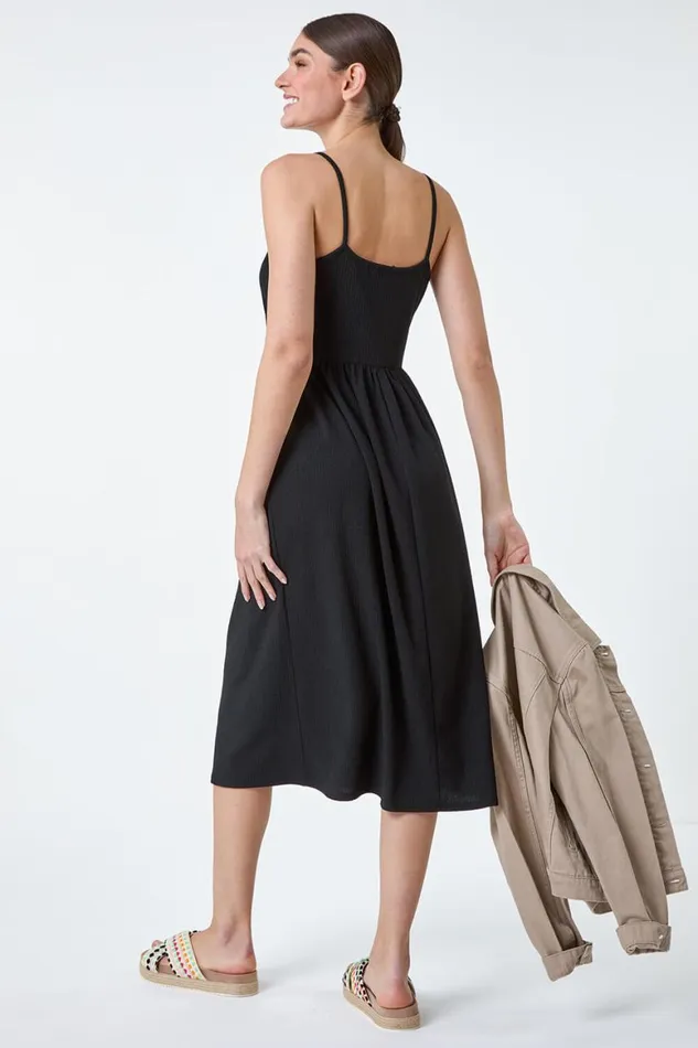 Women Black Stretch Jersey Button Midi Dress Roman Dresses