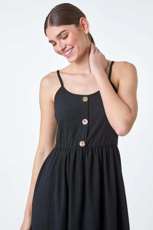 Women Black Stretch Jersey Button Midi Dress Roman Dresses