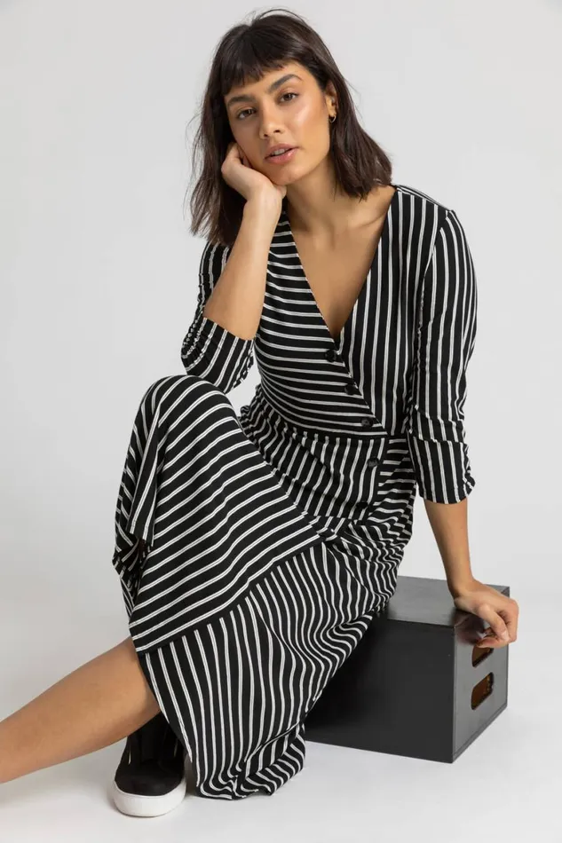 Women Black Stripe Print Button Detail Midi Dress Roman Dresses