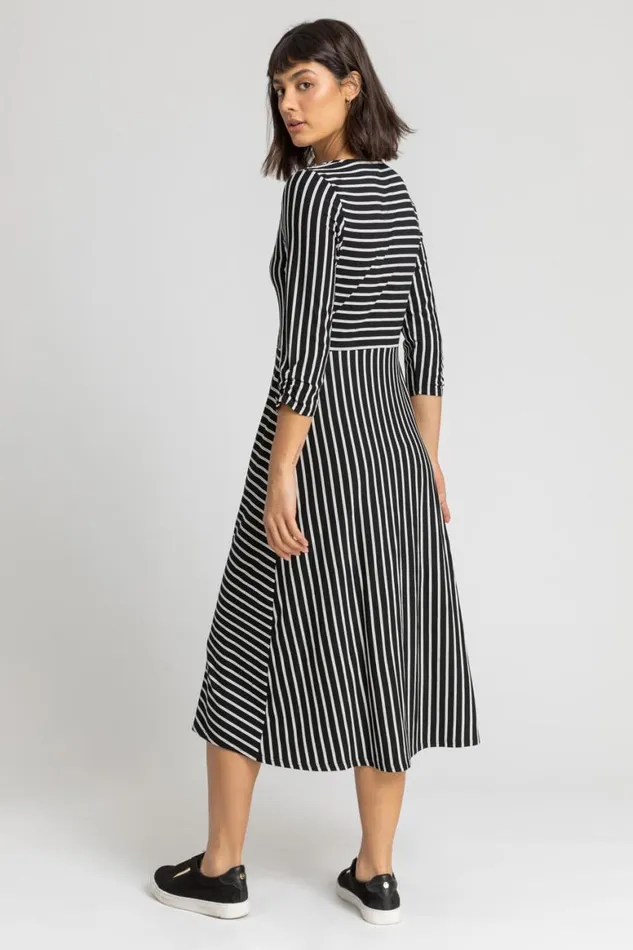 Women Black Stripe Print Button Detail Midi Dress Roman Dresses