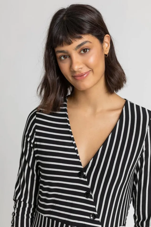 Women Black Stripe Print Button Detail Midi Dress Roman Dresses
