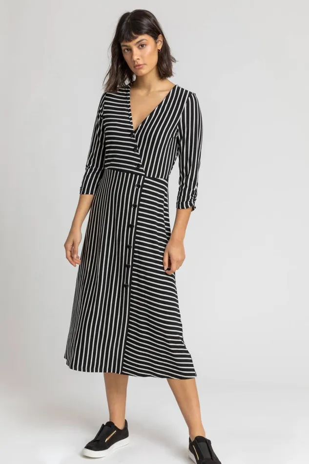 Women Black Stripe Print Button Detail Midi Dress Roman Dresses