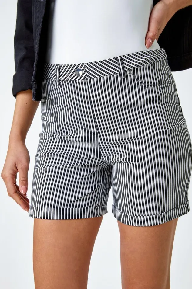 Women Black Stripe Turn Up Elastic Waist Stretch Shorts Roman Shorts